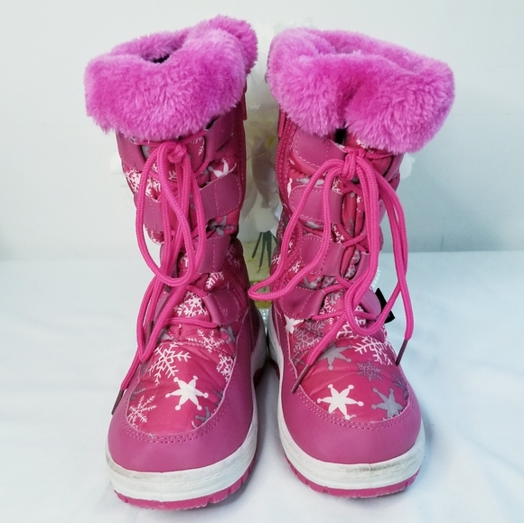 Toddler Girl's Pink Snowflakes Print  Lace Up Zippered Winter Snow Boots - Picture 7 of 12